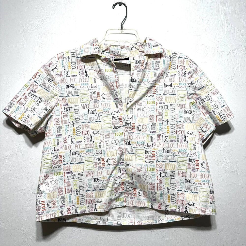 Ruby Lagenlook Top Hoot Owl Graphic Short Sleeve Shirt White Women sz Medium